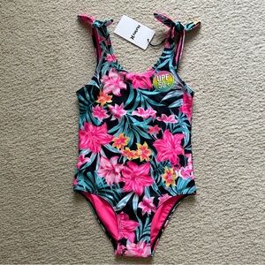 NWT Hurley Girls Hyper Pink Teal One Piece Swimsuit Tropical Floral Print Design